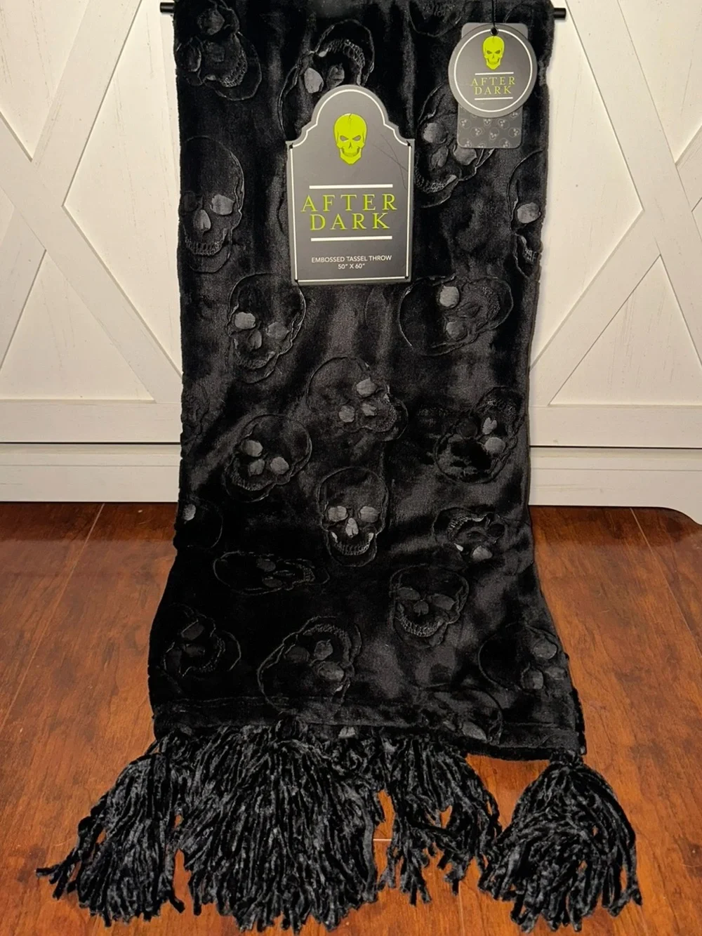 After Dark Black Skull Embossed Plush Throw Blanket with Tassels